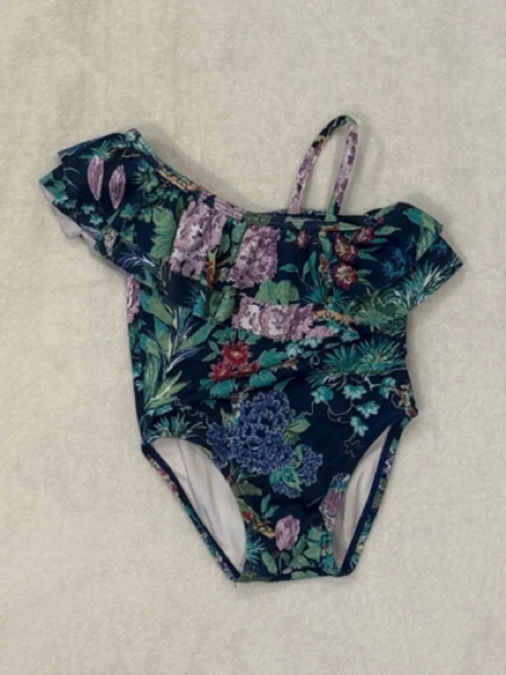 Janie and Jack Navy Floral One-Piece Swimsuit with Purple & Green Accents